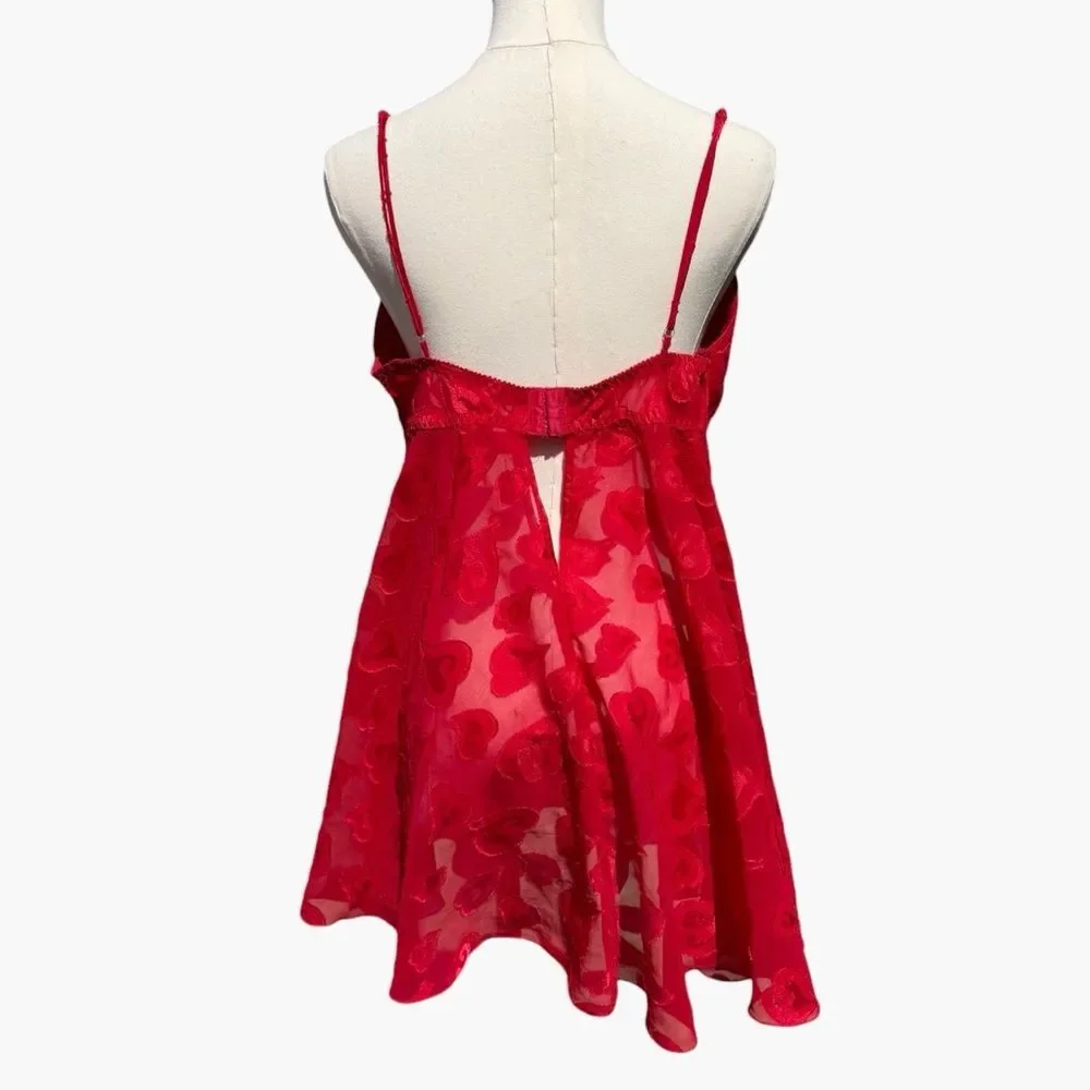 Victoria’s Secret Red Sheer Heart Lace Babydoll Chemise M Y2K